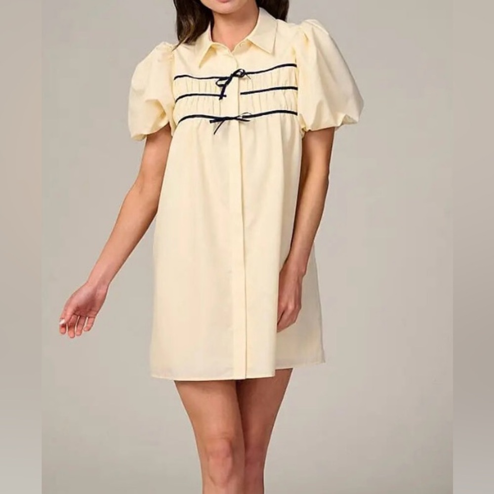 Soledad Cream Puff Sleeve Navy Bows Button Up Loose Fit Mini Dress